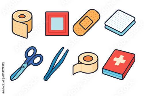 First Aid Essentials. First aid essentials set isometric flat set: bandage roll, antiseptic wipe, adhesive bandage, gauze pad, scissors, tweezers, medical tape, first aid booklet.