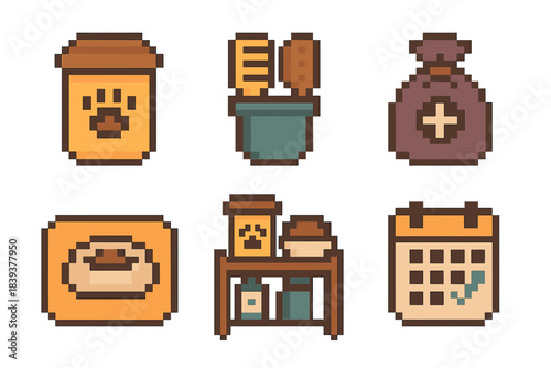 Pet Essentials Icons. Organized Pet Essentials set of icons in flat pixel vector style: food container, brush holder, medicine pouch, feeding mat, storage shelf, routine planner.
