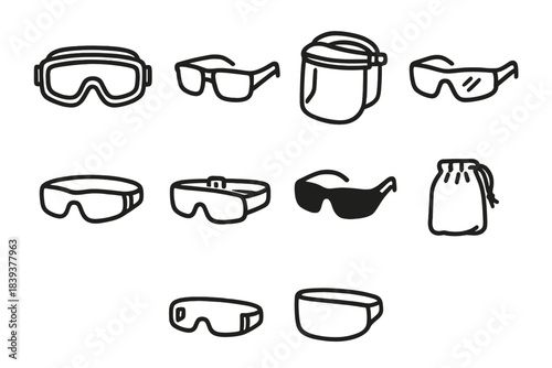 Safety Eyewear Icons. Safety eyewear items linear set: sealed goggles, reinforced frame glasses, protective face visor, anti-scratch lens, low-profile shield, adjustable strap,