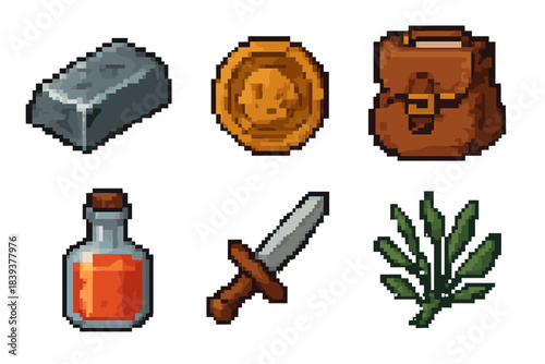 Pixel Art Icons. Loot & Resource Icons set of icons in flat pixel vector style: bar of ore, old coin, stitched satchel, tonic bottle, simple dagger, gathered herbs.
