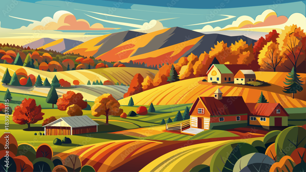 Fototapeta premium Very beautiful rolling rural hills of Vermont covered in rich autumn colors, scattered farms, and peaceful open meadows forming a harmonious seasonal scene.