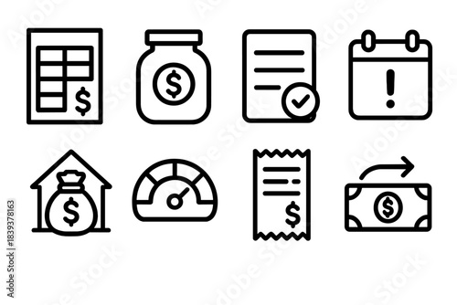 Financial Icon Set. Financial Preparedness Pack linear set: budget sheet, savings jar, expense tracker, bill reminder, emergency fund icon, spending cap gauge, receipt tile, money