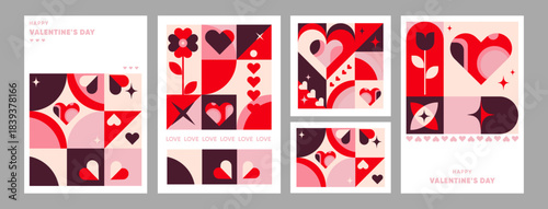Modern geometric Valentines Day card designs set with hearts, flowers, and abstract shapes in red, pink tones, for greeting cards, romantic invitations, posters, web banners,holiday marketing. Vector