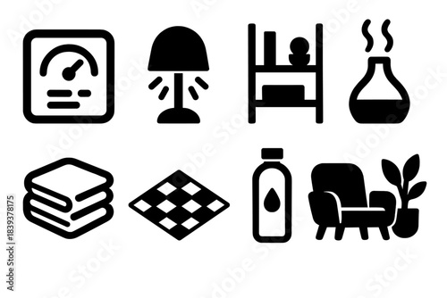 Brutalist Home Icons. Wellbeing Home Environment silhouette set: air quality sensor, soft lamp glow, decluttered shelf, aromatherapy diffuser, fresh linens, clean floor lines,