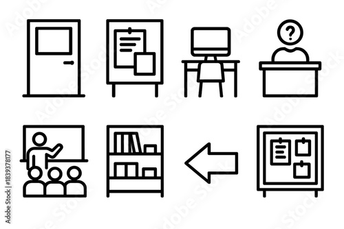 Community Center Icons. Community Resource Center linear set: meeting room door, program bulletin, computer station, help desk icon, classroom layout, resource shelf, guidance