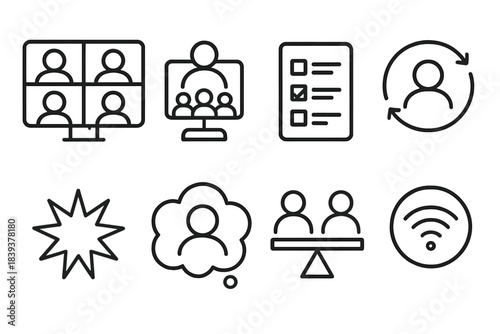 Remote Collaboration Icons. Remote Interaction Practices Set linear set: multi-user call panel, virtual group icon, structured agenda card, async update loop, engagement flare,