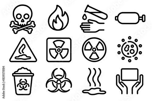 Safety Warning Icons. Chemical & Environmental Alerts linear set: toxic symbol, flammable liquid icon, corrosive substance splash, gas cylinder warning, spill hazard sign,