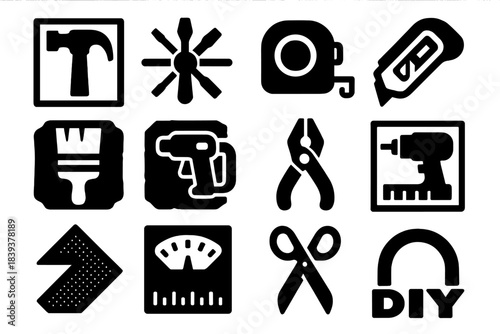 Brutalist Tool Icons. Maker Tool Kits silhouette set: claw hammer tile, multi-head screwdriver node, measuring tape bar, utility knife ring, paintbrush patch, hot-glue patch,