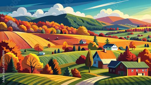 Very beautiful rolling rural hills of Vermont covered in rich autumn colors, scattered farms, and peaceful open meadows forming a harmonious seasonal scene.