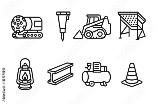 Industrial Equipment Icons. Industrial excavation gear linear set: tunnel borer, rock breaker, skid-steer loader, gravel screener, lantern, structural beam, compressor unit, safety