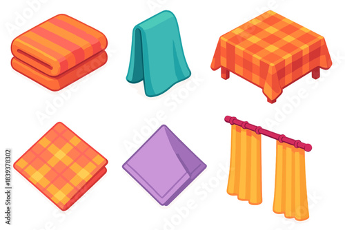 Colorful Fabric Icons. Household Fabric Essentials flat isometric set: bath towel, hand towel, tablecloth, dishcloth, fabric napkin, window drape.