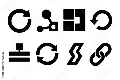 Circular Framework Icons. Circular Integration Framework silhouette set: resource-loop dial, reclaimed material node, modular reuse tile, component-return arrow, balanced flow bar,