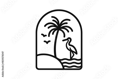 Minimalist tropical beach scene with palm tree and wading bird inside arch