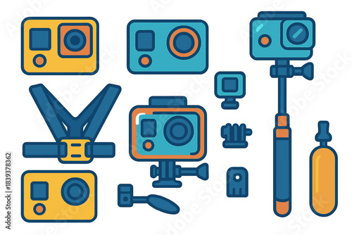 Action camera and mounting accessories flat icon set
