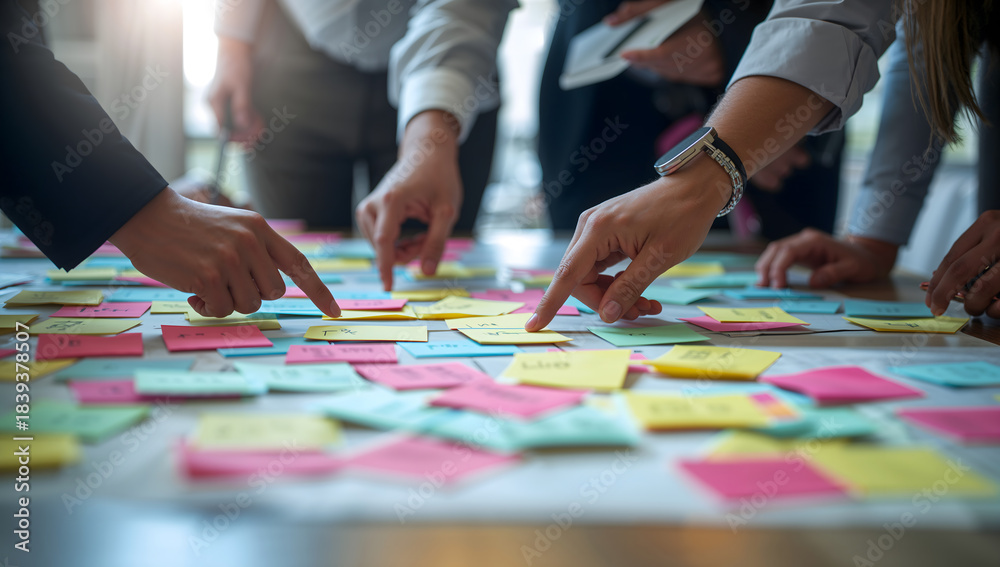 Obraz premium A close-up shot of multiple hands pointing at colorful sticky notes spread across a table, suggesting teamwork and idea generation in a professional setting.