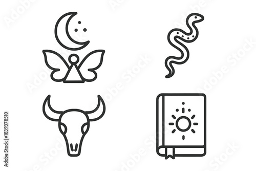Symbols of nature and spirituality in simple line art with a moon, wings, a snake, a bull skull, and a book