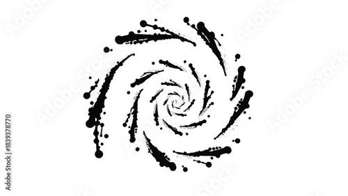 Abstract black ink splatters forming a dynamic spiral vortex on a clean white background.