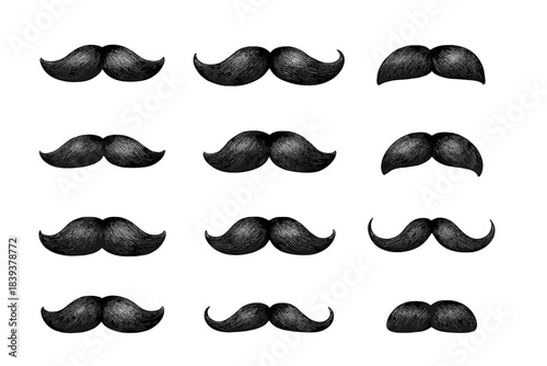 Collection of various mustache styles arranged in a grid pattern for design ideas and inspiration for facial hair fashion