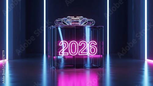 Futuristic neon 2026 year displayed in a modern glass container with blue and pink lights