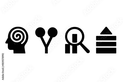 Cognitive Icons Set. Cognitive Blind Zone Models silhouette set: unseen-thought coil, judgment-gap node, clarity-seeking bar.
