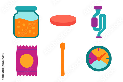 Modern Fermenting Kit. Home Fermenting Kit flat set: glass crock, silicone lid, CO₂ vent, ingredient pack, mixing stick, progress meter.