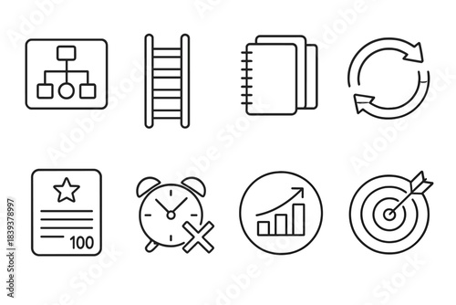 Educational Progress Icons. Individual Learning Pathway linear set: curriculum map, skill level ladder, subject notebooks set, revision cycle arrows, quiz score card, study session