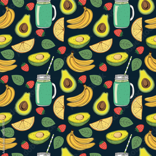 Seamless pattern with smoothies in mason jars.