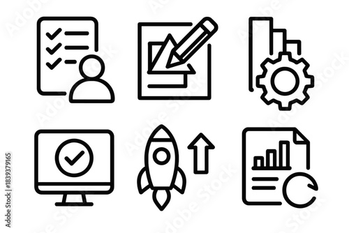 Operational Cycle Icons. Operational Cycle linear set: assessment, design, build, test, deploy, review.