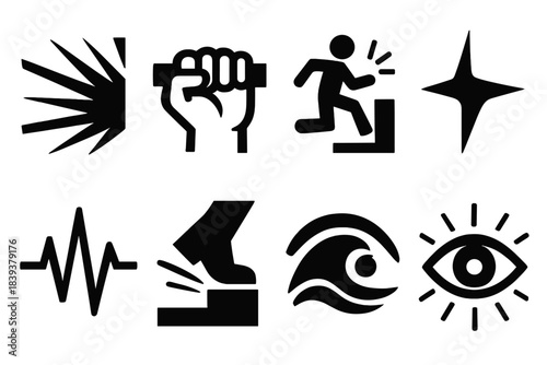 Adrenaline Icon Set. High-Adrenaline Scenes silhouette set: speed burst lines, gripping handhold, sudden drop icon, action surge spark, elevated pulse bar, bold step edge, rush