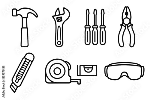 Toolbox Icon Essentials. Toolbox Basics linear set: hammer, adjustable wrench, screwdriver set, pliers, utility knife, measuring tape, level, safety goggles. .