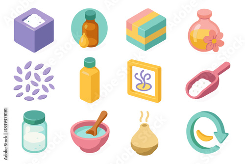 Colorful Bath Aromatics Icons. Bathing Aromatics flat isometric set: Epsom salt tile, essential oil node, bath blend bar, floral oil ring, lavender petals patch, carrier oil stripe