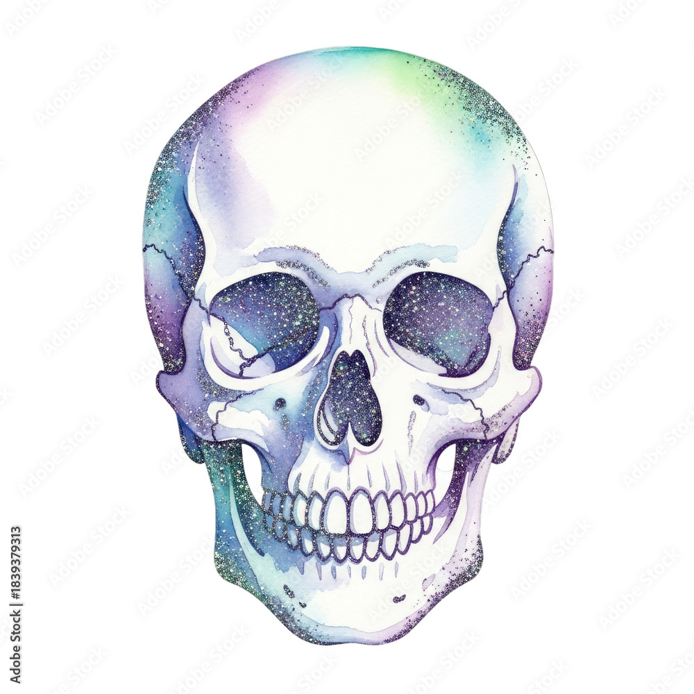 Fototapeta premium Watercolor Skull with Glitter Accents isolated on a transparent background