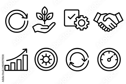 Sustainable Business Icons. Sustainable Business Ecosystems linear set: circular economy loop, responsible sourcing node, low-impact operations tile, ethical partnership link,