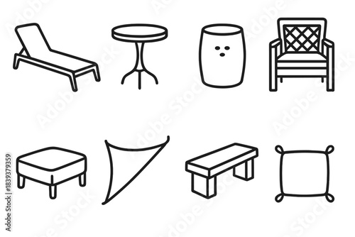 Outdoor Living Icons. Outdoor Living Essentials linear set: chaise lounger, bistro table, garden seat, wicker armchair, outdoor ottoman, shade sail corner, deck bench, cushion pad.