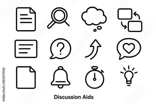 Outline Communication Icons. Discussion Aids linear set: topic card, focus lens icon, thought bubble, turn-taking arrow, summary panel, clarifying question mark, follow-up arrow,