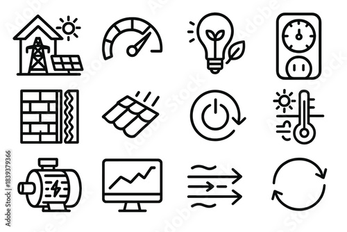 Sustainable Energy Icons. Sustainable Energy Use linear set: smart energy hub, efficiency gauge, low-watt device, timer plug, insulated wall segment, reflective roof tile, eco mode