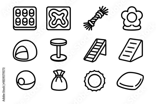 Pet Enrichment Icons. Pet Enrichment Accessories linear set: puzzle feeder, treat maze, tug rope, scent toy, cozy cave bed, perch stand, climbing ramp, scratching pad, interactive