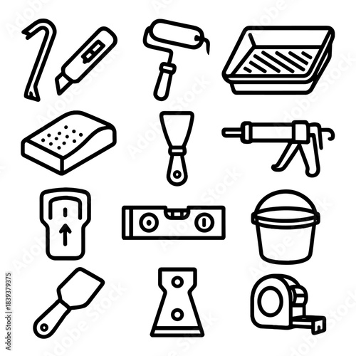 Renovation Tools Icons. Renovation & Remodeling Tools linear set: pry bar, utility knife, paint roller, paint tray, sanding block, putty knife, caulking gun, measuring tape, stud