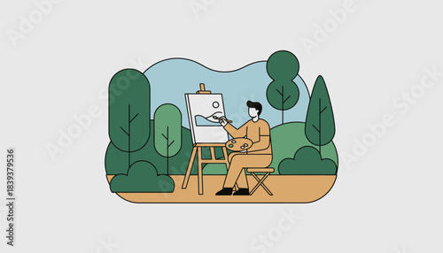 A serene outdoor scene with an artist capturing the landscape on an easel surrounded by natures greenery.