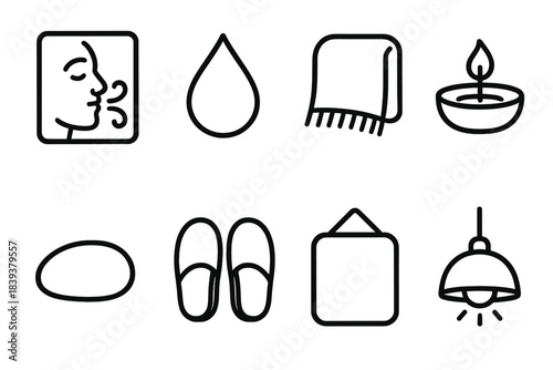 Inner Calm Essentials Icons. Inner Calm Essentials linear set: breathing card, water droplet symbol, cozy throw, low candle holder, smooth pebble, soft slippers, quiet nook sign,