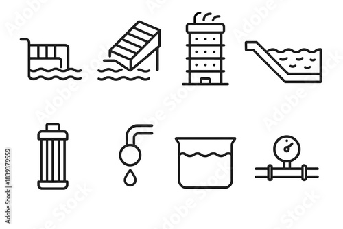 Water Supply Icons. Water Supply Infrastructure linear set: river intake, pre-filter screen, aeration tower, settling trough, cartridge filter, disinfect dose point, main reservoir