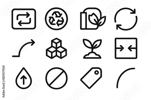 Circular Material Icons. Circular Material Ecosystems linear set: reuse stream tile, recycled feedstock node, regeneration band bar, material loop ring, recovery route arrow,