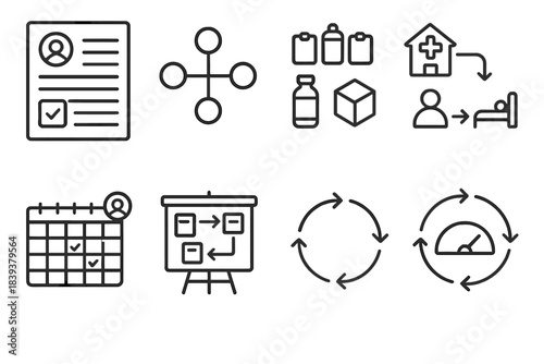 Community Support Icons. Community Support Framework linear set: needs assessment form, stakeholder map, resource inventory, service pathway diagram, volunteer coordination grid,
