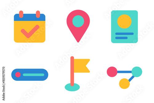 Modern Timeline Icons. Timeline Events flat set: calendar mark, event pin, moment card, timestamp bar, flag marker, linked segments.