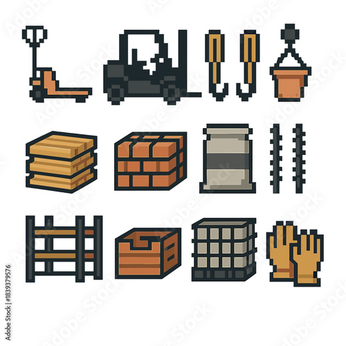 Material Handling Icons. Material Handling Basics pixel style set: pallet jack, forklift silhouette, load straps, bucket hoist, lumber stack, brick bundle, cement bag, rebar ties,