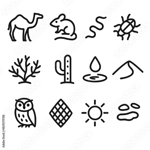 Sandy Ecosystem Icons. Sandy Ecosystem Icons linear set: camel silhouette, desert rodent, viper trail, beetle crawl, hardy shrub, cactus arm, oasis droplet, dune crest, small owl,