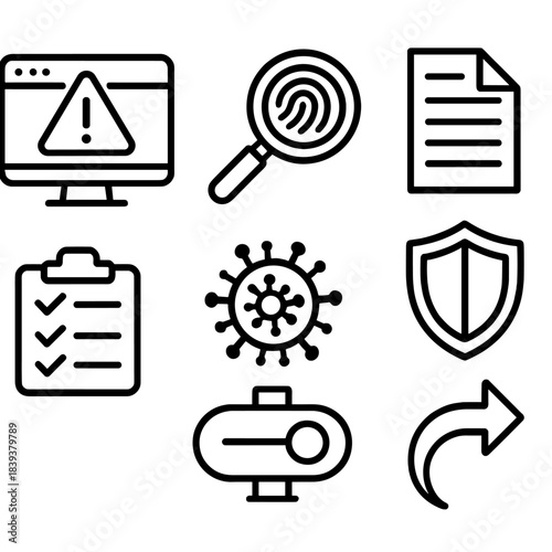 Incident Response Icons. Incident Response Kit linear set: alert dashboard, forensic magnifier, log file sheet, containment shield, response checklist, malware sample icon,