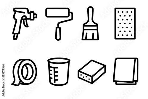 Coating Tool Icons. Coating Tool Set linear set: spray paint nozzle, foam roller, angled brush, surface prep pad, painter’s tape strip, mixing cup, sanding sponge, protective tarp.
