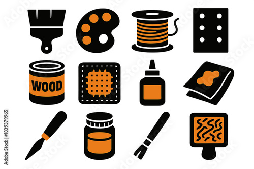 Restoration Icons. Creative Restoration Approaches silhouette set: paintbrush, color palette, repair spool, sandpaper sheet, wood filler tin, fabric patch, glue bottle, restoration