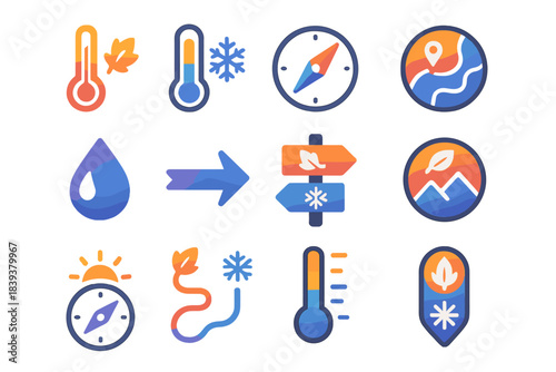 Climate Route Kit Icons. Climate-Adaptive Route Kit flat set: warm-to-cold gradient icon, seasonal trail switch, weather-aware compass, variable path map, humidity marker, wind